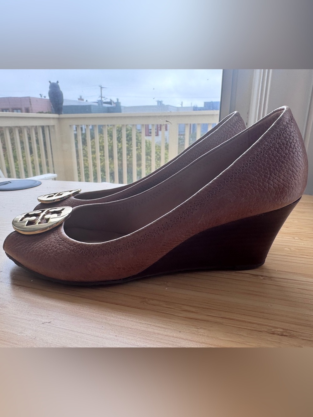 Tory Burch Brown Leather Wedge Pumps with Gold Logo